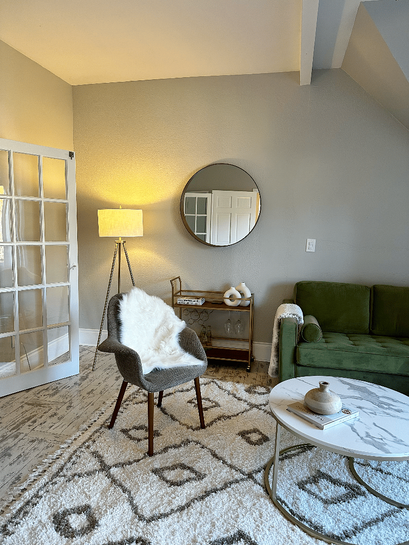 living room with bar cart