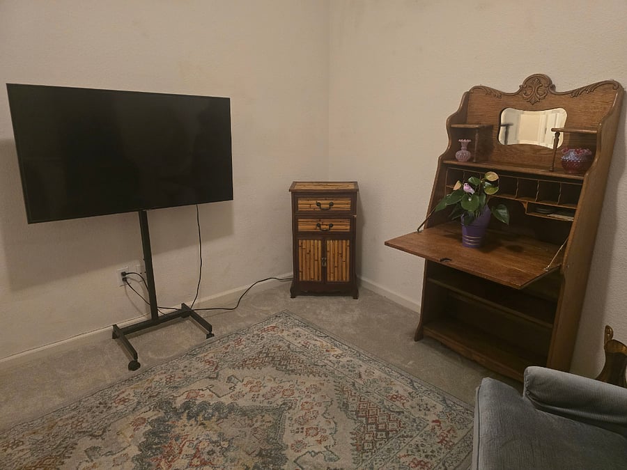 Brand new carpet. TV on rollers CAN be moved to either room.
