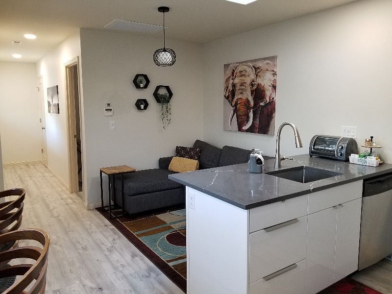 Skylight in the kitchen/living space, windows throughout, and open floor plan living