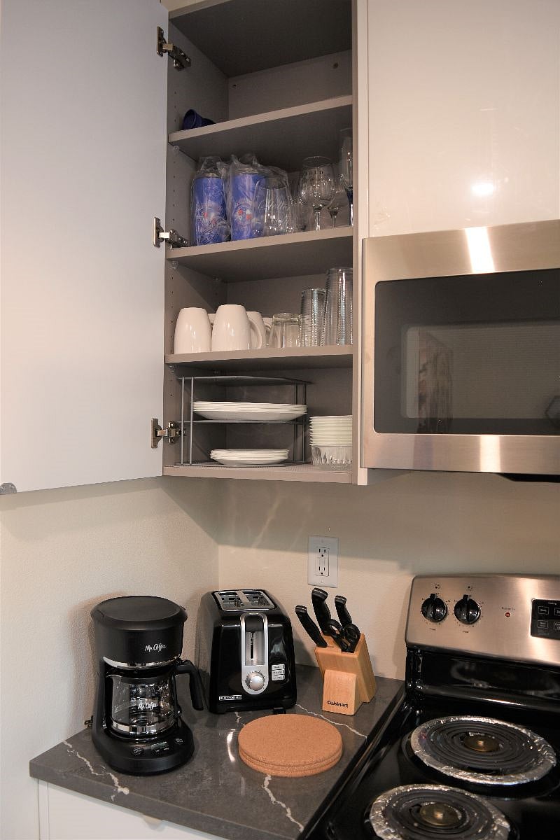 Brand new small appliances (coffee maker, toaster, oven) and Kitchen essentials