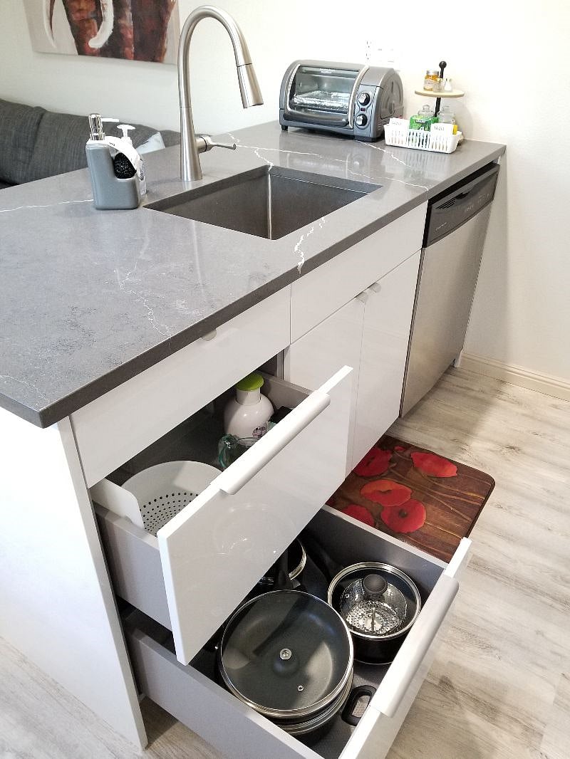 New quartz countertops and new cabinets. Stainless steel sink and dishwasher 