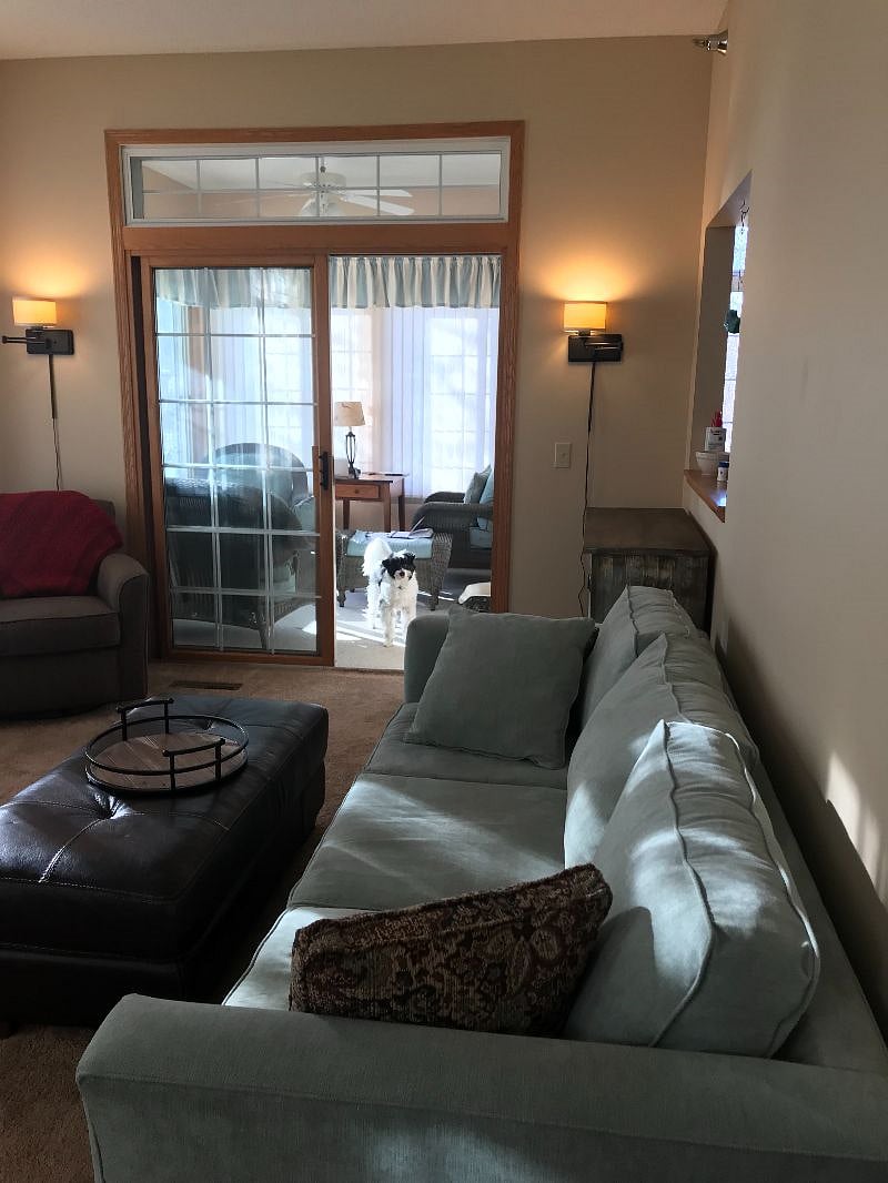 Another view of living room looking into sunroom, with Beau the greeter