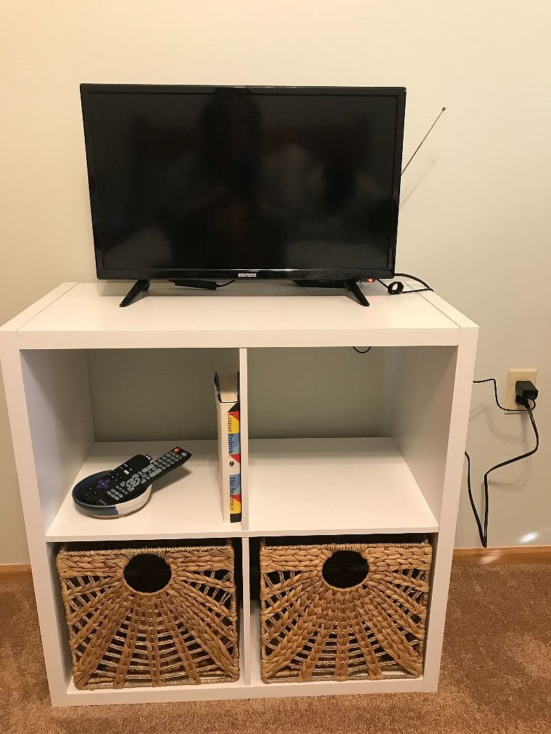 Small TV with Roku stick, Amazon Prime, Netflix, Hulu and Apple TV included.