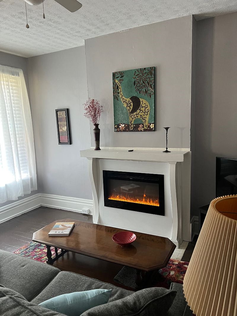 Snuggle up in front of the cozy gas fireplace