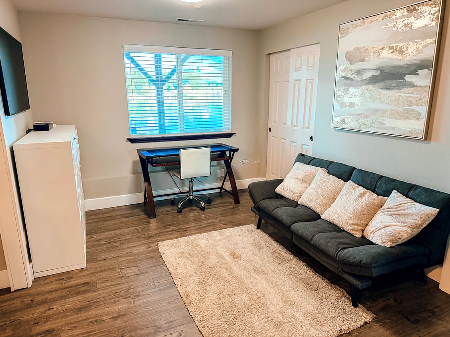 Living room, office, and closet