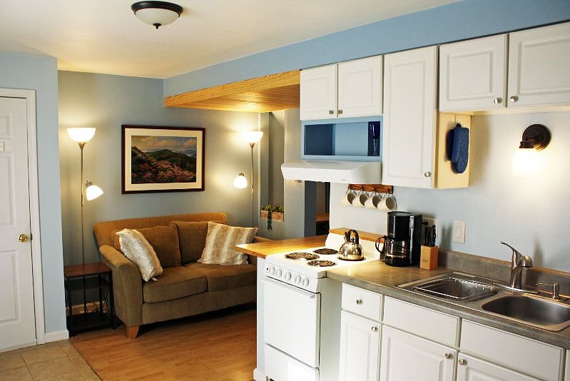 The kitchen, looking into the cozy loveseat/readong/TV viewing area