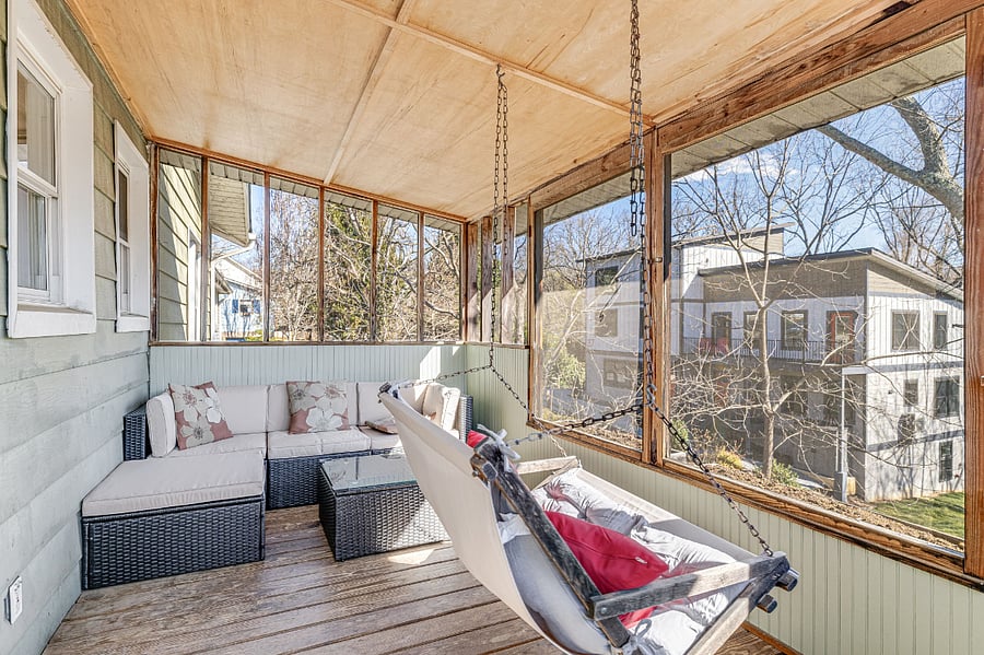 L-shaped outdoor sofa, and fabric porch swing