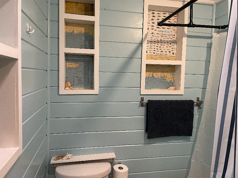 Built-in shelving in the bathroom for your toiletries.