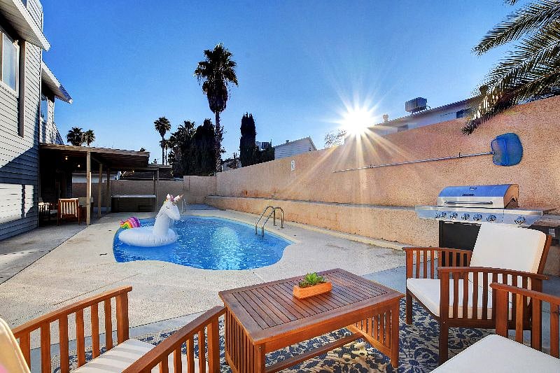 Backyard BBQ grill and patio, pool & hot tub