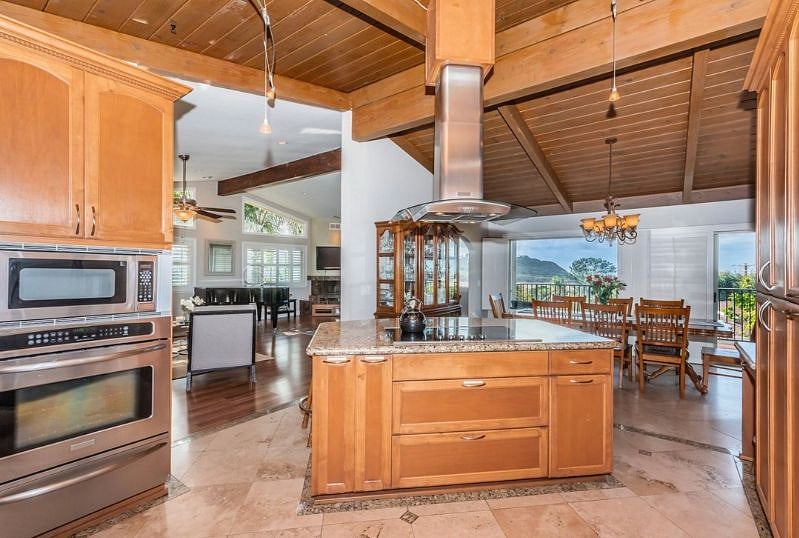 View from the fully stocked kitchen. The island has 5 stools.