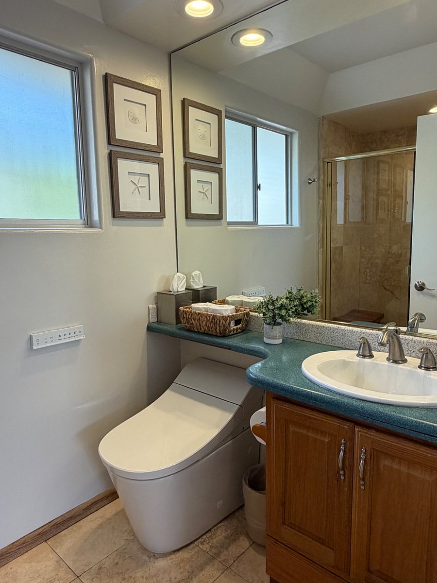 En-suite bathroom in primary bedroom with bidet toilet and walk-in shower.