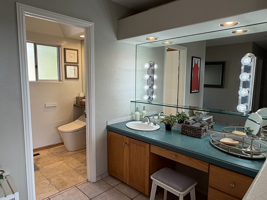 Vanity and en-suite bathroom with walk-in shower and bidet toilet in the master suite