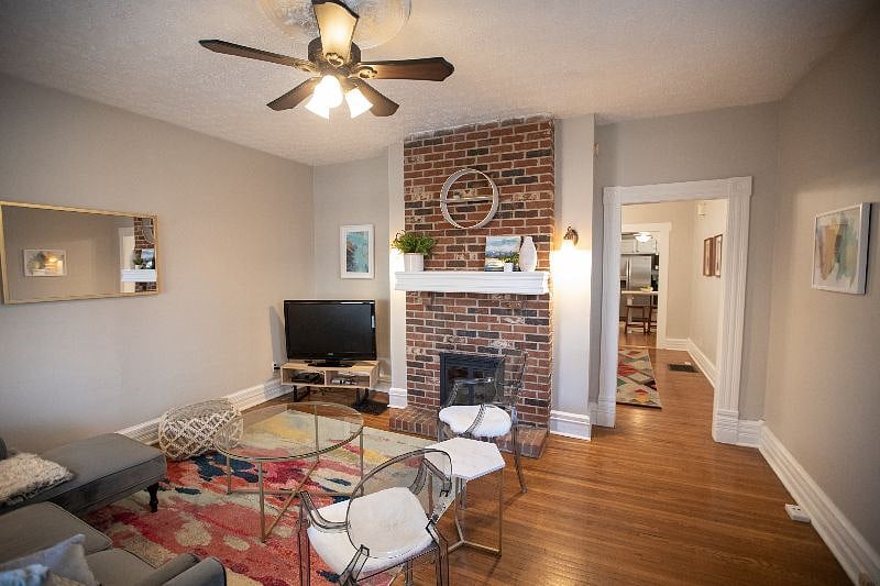 Living room with TV and Roku.