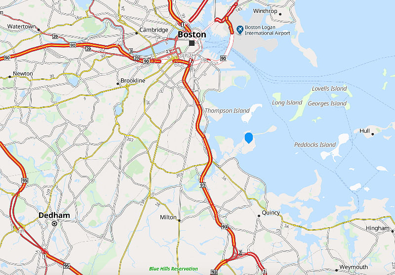 BLUE DOT IS SQUANTUM (PART OF THE CITY OF QUINCY). 