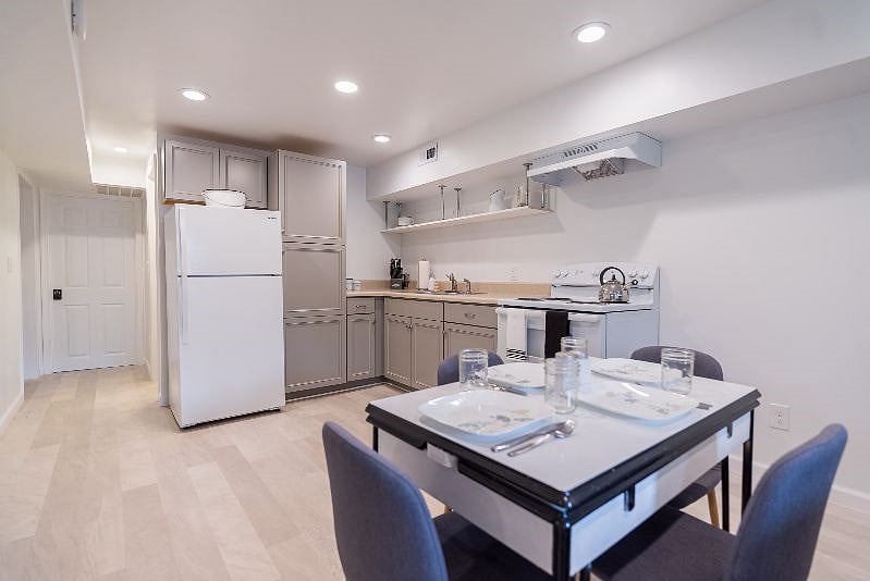 This full kitchen features everything you need. Full fridge, oven/range, microwave, coffee-maker, pots and pans, baking sheets, crockpot, and a kettle. Plus, glassware, flatware, plates and wine glasses for 6! Not to mention plenty of storage.