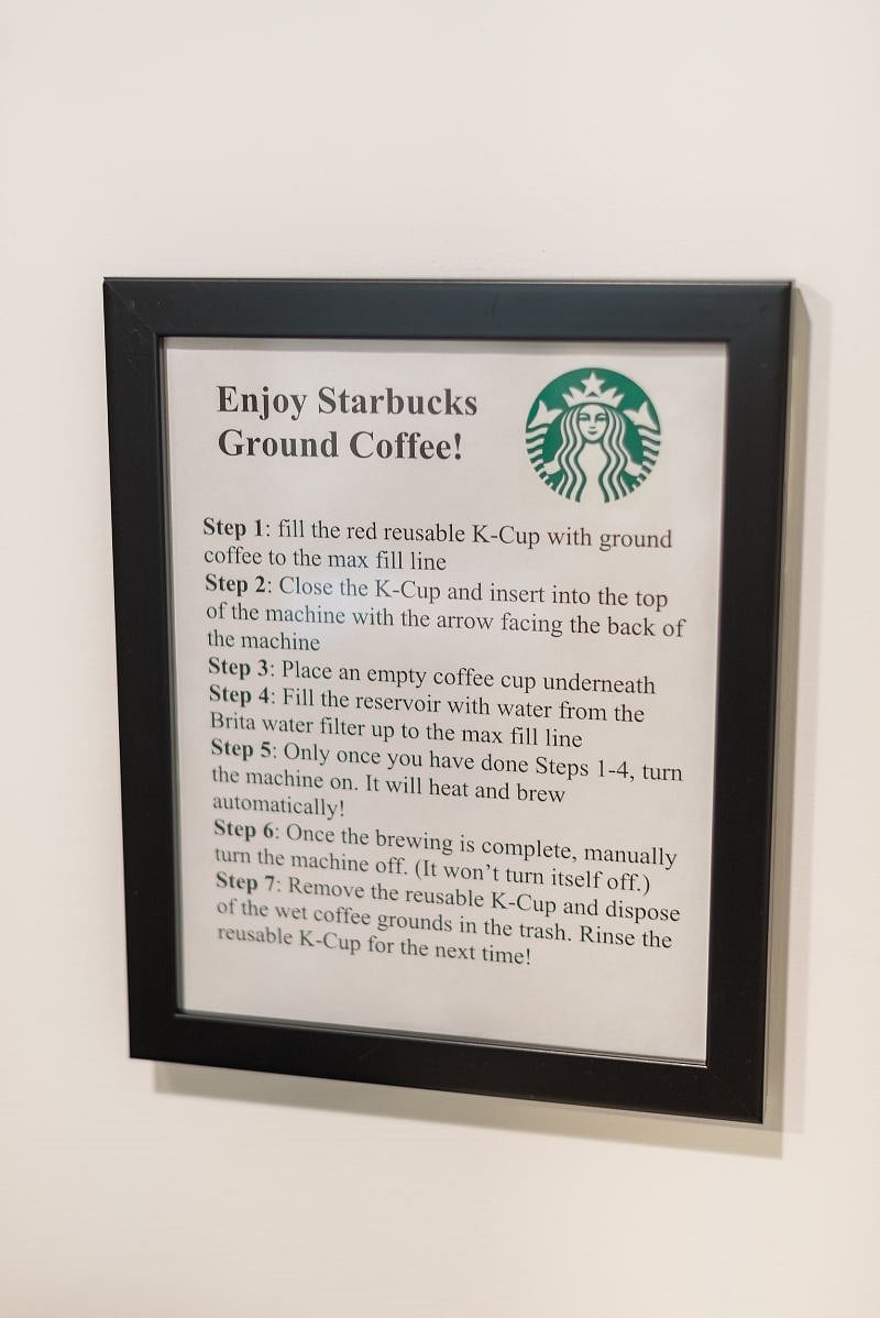 Thanks to a connection with our local Starbucks, fresh ground Starbucks coffee (and sugar) is included for all our guests. The Keurig machine makes one cup at a time to reduce waste with full-pot brewing systems.