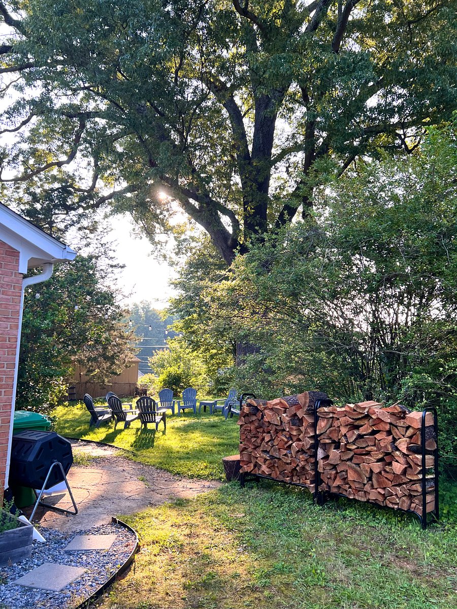Recent backyard improvements as of Summer 2025: chairs, fire pit, bistro lights, etc.