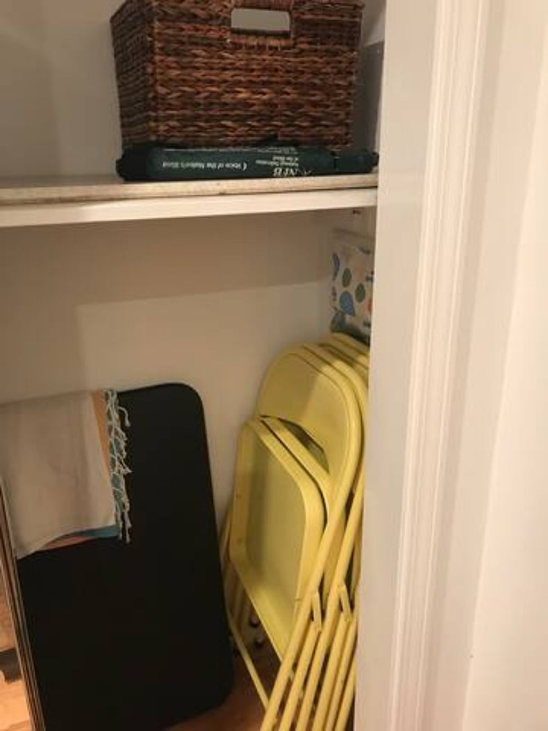 Living Room Closet has additional seating, fans, heaters if needed.