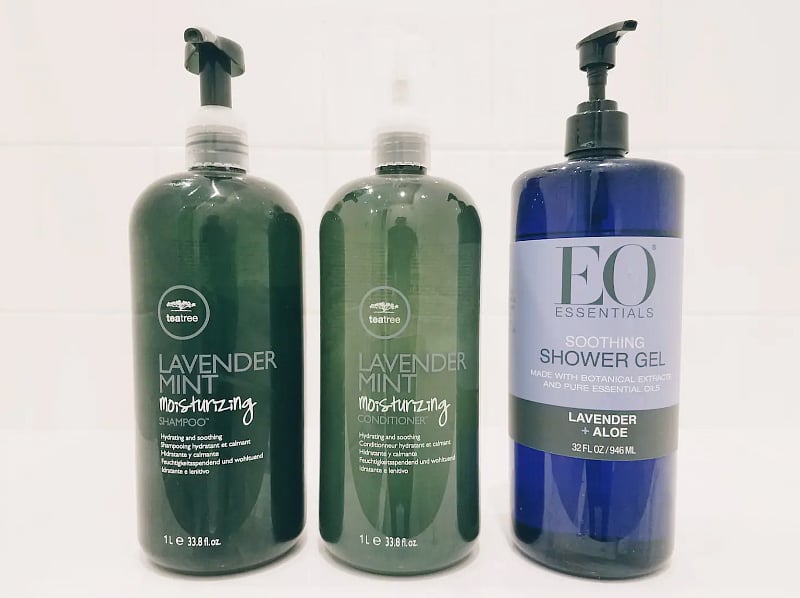 High-end spa-like bath products provided: Paul Mitchel Tea Tree Shampoo and Conditioner EO Essentials Lavender Soothing Shower Gel (liquid body soap)