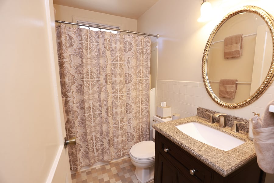 The bathroom has recently been updated with new granite vanity with brushed nickel faucet, new mirror and new tub and shower faucet combination.