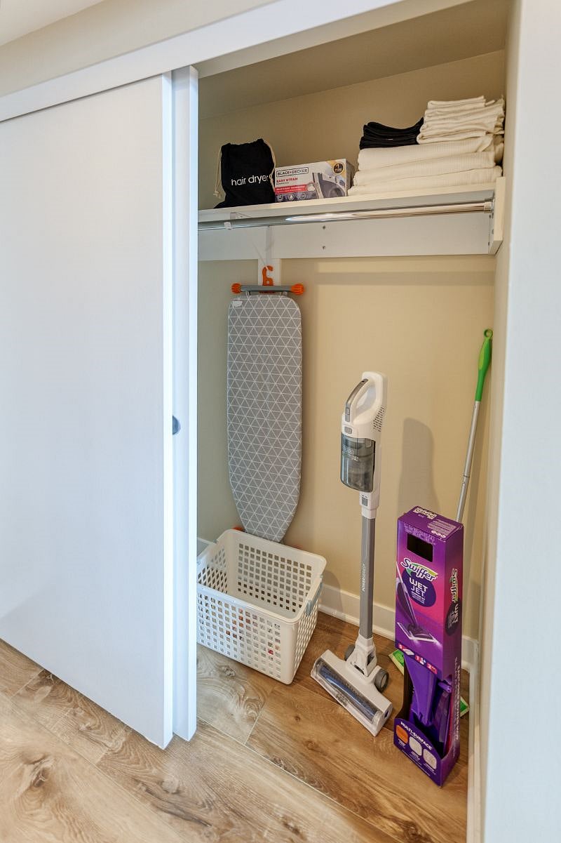 Cleaning Supplies, Ironing Board and Iron, Hair Dryer, Extra Towels and Linens.