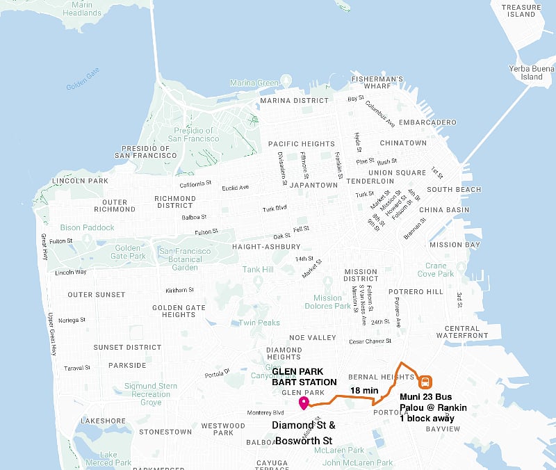 Apartment to BART station at Glen Park 18minutes via Muni #23 Bus