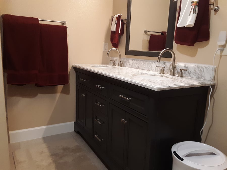 Guest bath double sink vanity in your private bathroom.
