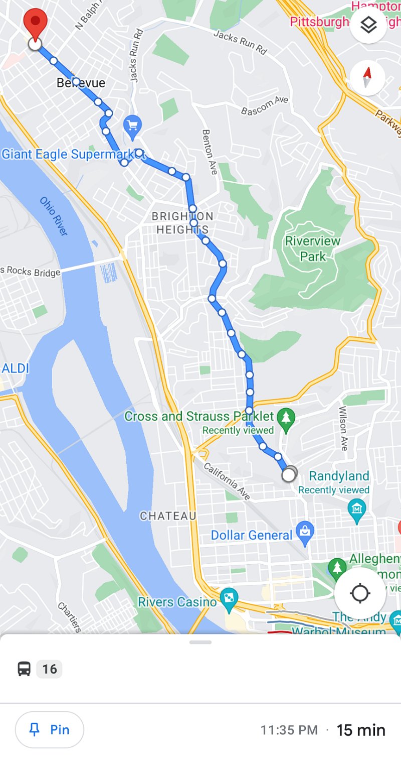 15 min bus ride to Western Penn Hospital on the #16 bus located right on the corner.