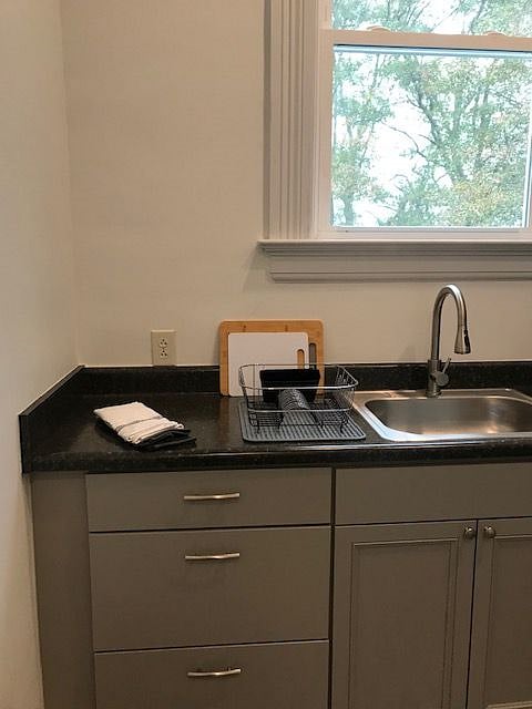 Another view of the counter space in  the kitchen. The kitchen features a full size refigerator, and induction cook top, and an over the counter microwave.  The kitchen is fully stocked for your cooking pleasure.