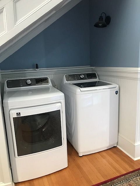 washer and dryer on site under the entry stairs.  Convienant for all!!
