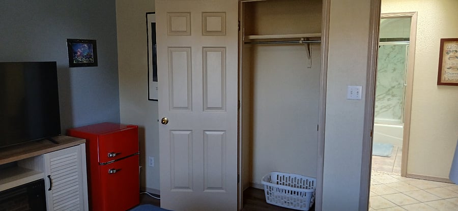 Unit two has a nice closet with a hamper for your clothes and hangers.