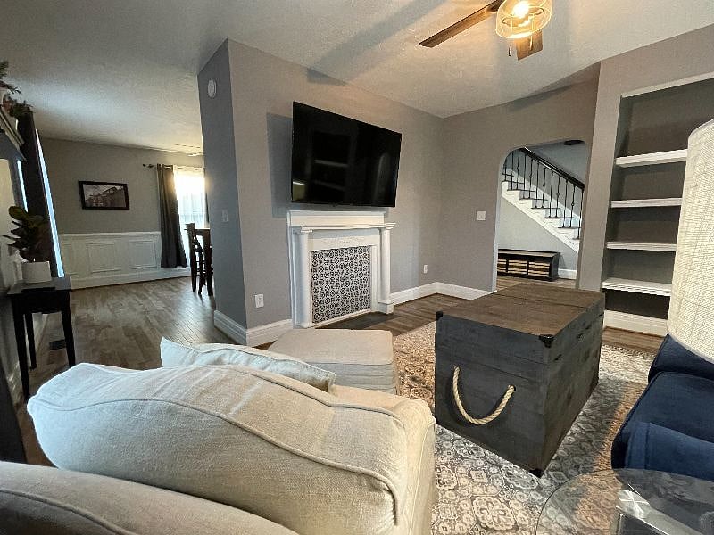 Living room flows into dining room