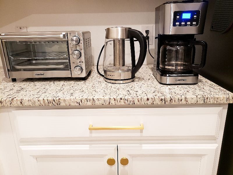Toaster oven, hot water kettle, and coffee maker