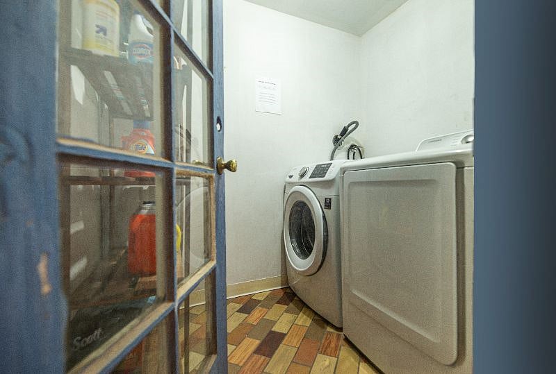 Community laundry room. Apt D has one day (currently Monday but can change to fit your schedule) a week reserved with 3 community days open to everyone.
