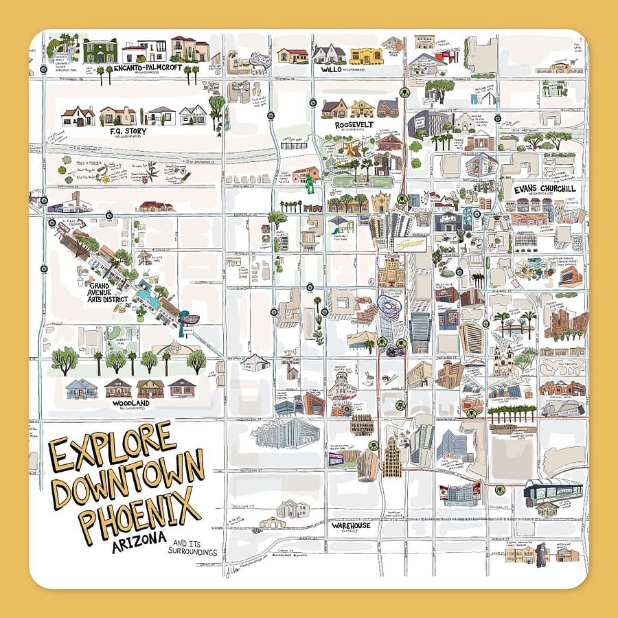 Area map of Downtown Phoenix. The property is located in the bottom left corner in Woodland Historic District. 