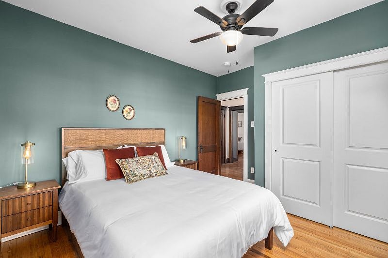 The master bedroom features a queen sized memory foam mattress, two nightstands, a dresser, and full sized closet. We have also recently added a full sized mirror.
