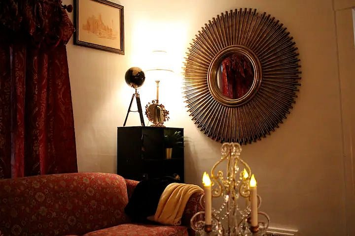 The living room is decorated in a Roaring '20s motif. It's the perfect place to listen to jazz and chat with friends or relax and watch some Netflix.