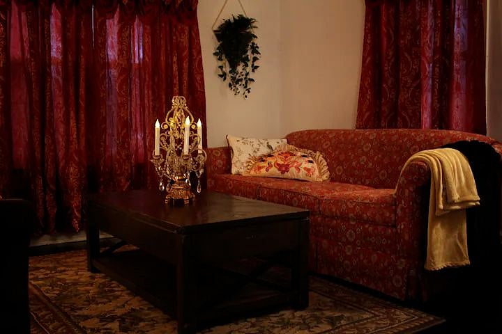 The living room is decorated in a Roaring '20s motif. It's the perfect place to listen to jazz and chat with friends or relax and watch some Netflix.