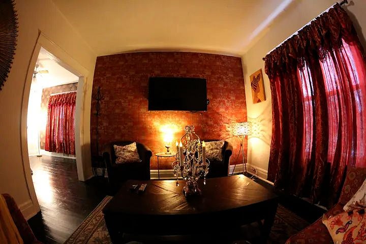 The living room is decorated in a Roaring '20s motif. It's the perfect place to listen to jazz and chat with friends or relax and watch some Netflix.