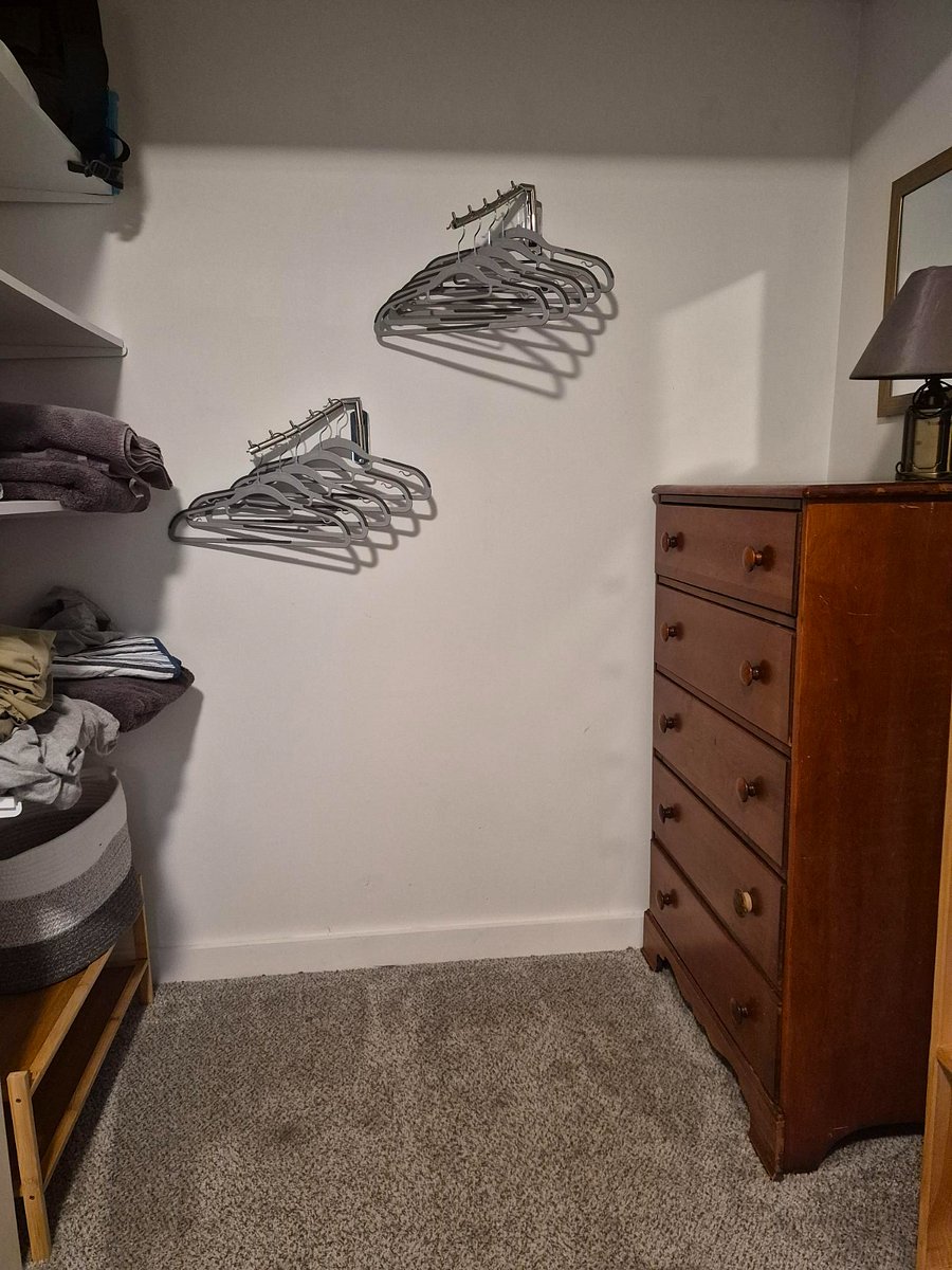 Open closet concept in second bedroom includes bureau, retracting clothing rack, shoe rack, and shelves.