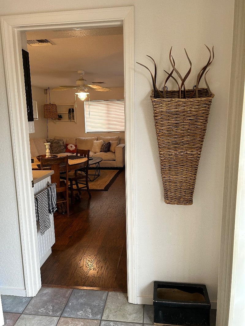 View once inside front door to kitchenette/dining/living room