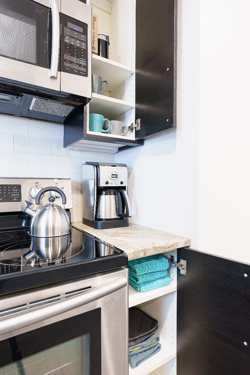 Three different coffee making methods are provided - Cuisinart drip brewer with insulated carafe, French press, and Nespresso Vertuo pod machine. 