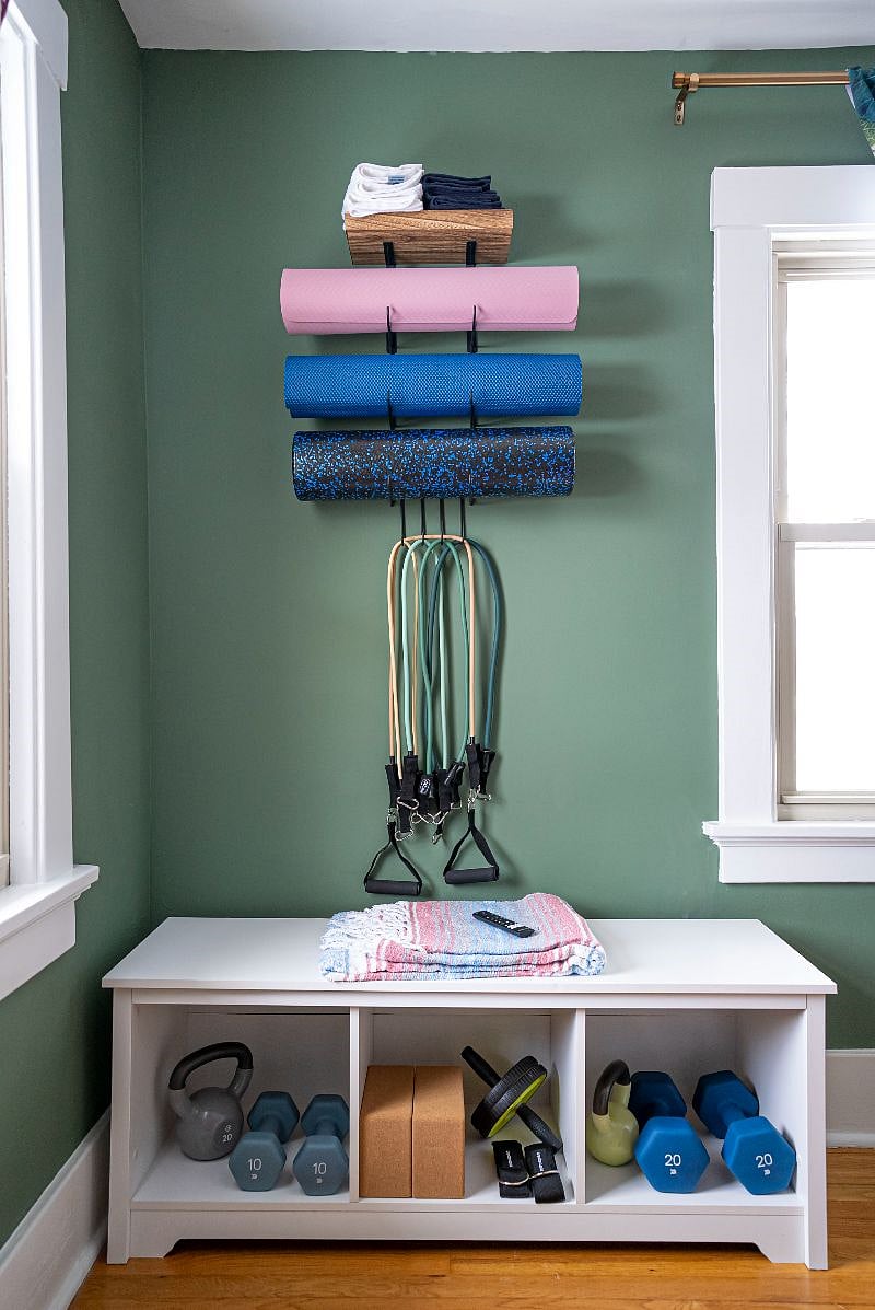 Yoga mats, resistance bands, foam roller, workout towels, yoga blanket, dumbbells, kettlebells, yoga blocks, ab roller