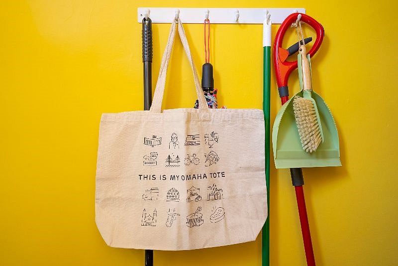 Brooms, mop, umbrella, dust pan, tote bag