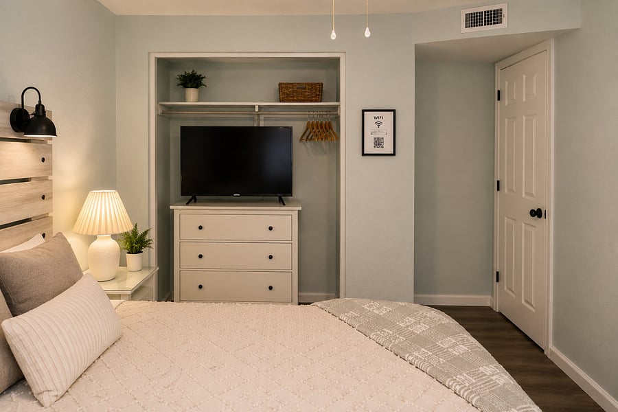 Settle in and stay awhilethis queen bedroom includes a Samsung Smart TV, dresser storage, hanging space & easy Wi-Fi access.