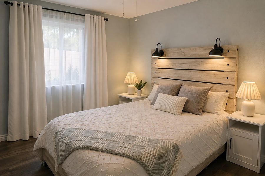 Comfortable queen bedroom with blackout curtains, bedside lighting, and a Samsung Smart TV for streaming your favorites.