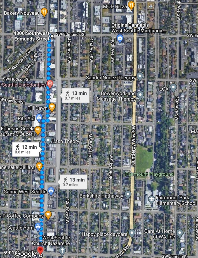 Walk to the Alaska Junction (restaurants bars, wineries, shops, etc.). House is about 2 blocks from starting point shown.