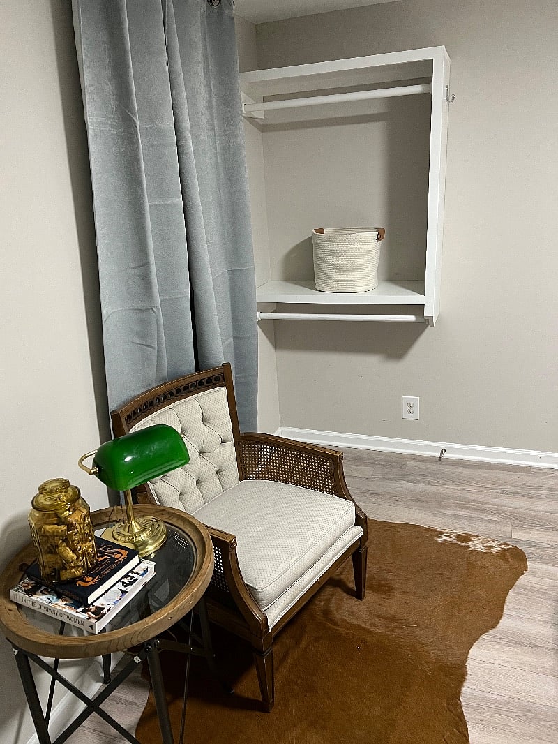 Closet and extra basket for storage. Additional storage is available for hanging coats and outer ware.