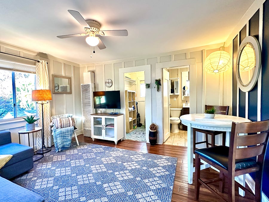 Spacious walk-in closet off the living room with shelving, area to hang clothes and storage