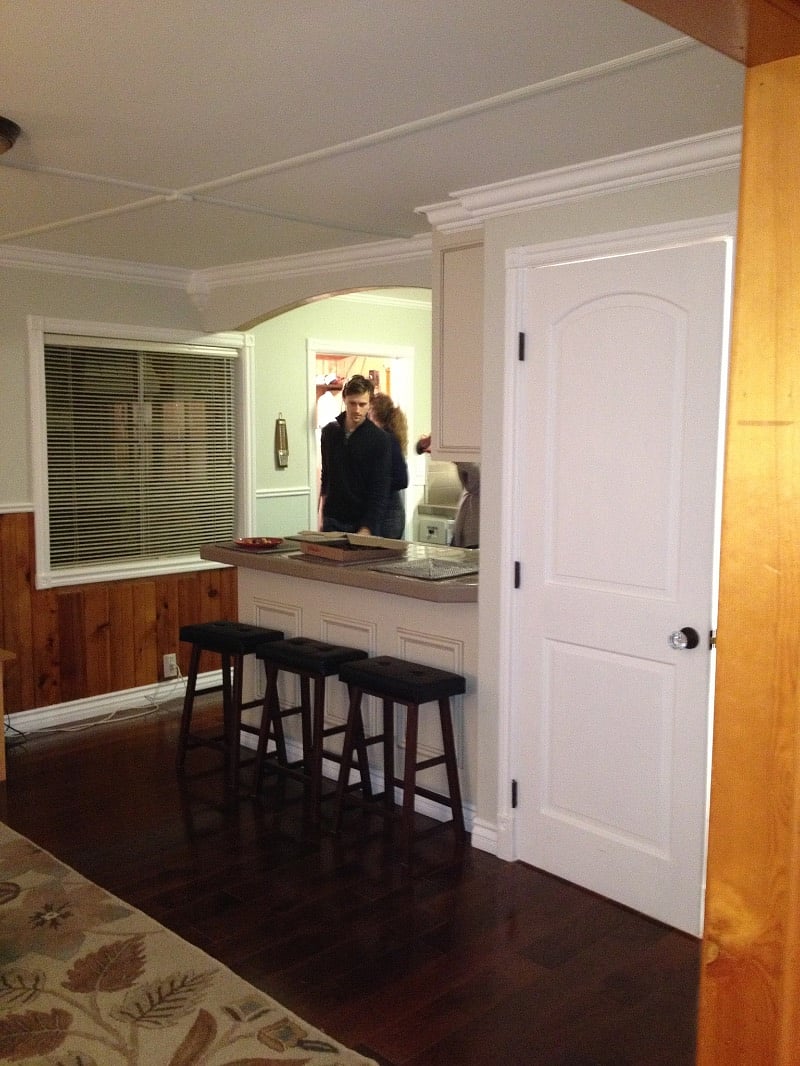 As you walk into the living room from the foye.